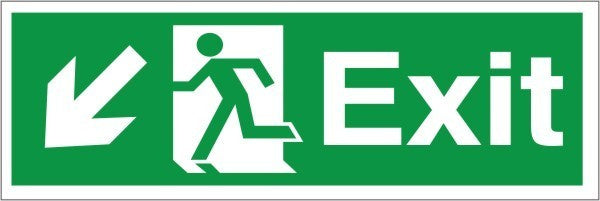 Self Adhesive PVC Exit Down & Left Running Man Sign 600x200mm - JEM Systems UK