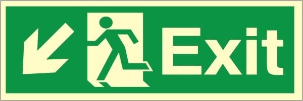 Luminous Self Adhesive Exit Down & Left Running Man Sign 600x200mm - JEM Systems UK