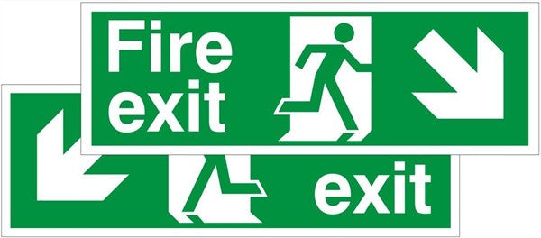 Double Sided Fire Exit Down & Left Foamex Running Man Sign 600x200mm - JEM Systems UK