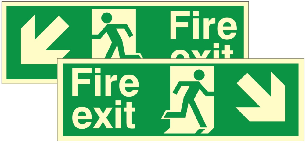 Luminous Double Sided Fire Exit Down & Left Running Man Sign 400x150mm - JEM Systems UK
