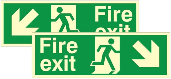 Luminous Double Sided Fire Exit Down & Left Running Man Sign 600x200mm - JEM Systems UK