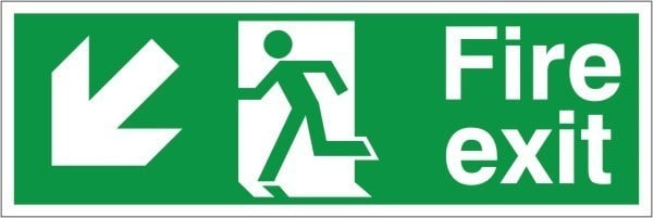 Foamex Fire Exit Down & Left Running Man Sign 600x1000mm - JEM Systems UK
