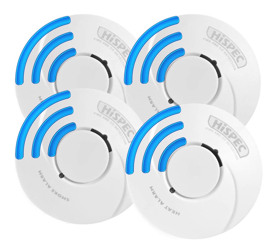 Hispec RF PRO 10 Year Longlife Battery Radio-Interlink 3 Smoke & 1 Heat Alarm Kit - JEM Systems UK