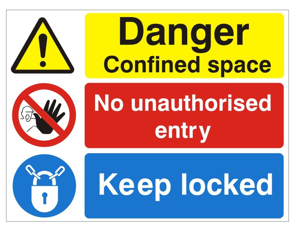 White Rigid PVC Danger Confined Space, Keep Locked Sign - 400mm Wide x 300mm High - JEM Systems UK