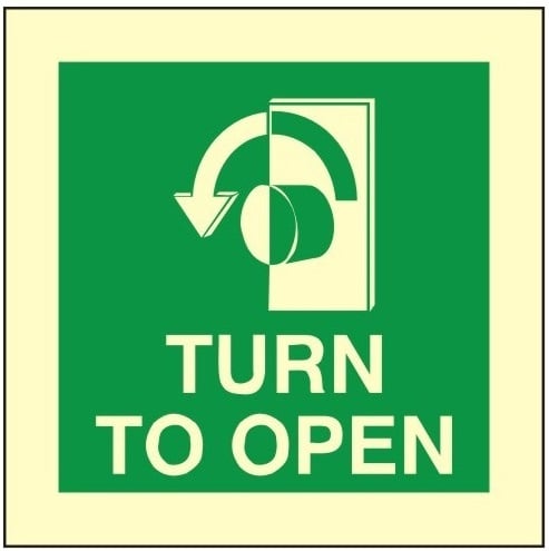 Photoluminescent (Luminous) Rigid PVC Turn To Open Sign (Left) 100mm Wide x 100mm High - JEM Systems UK