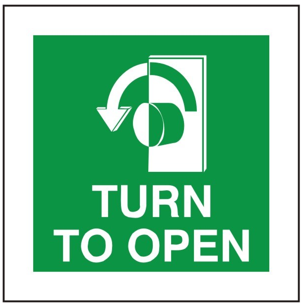 White Rigid PVC Turn To Open Sign (Left) 100mm Wide x 100mm High - JEM Systems UK