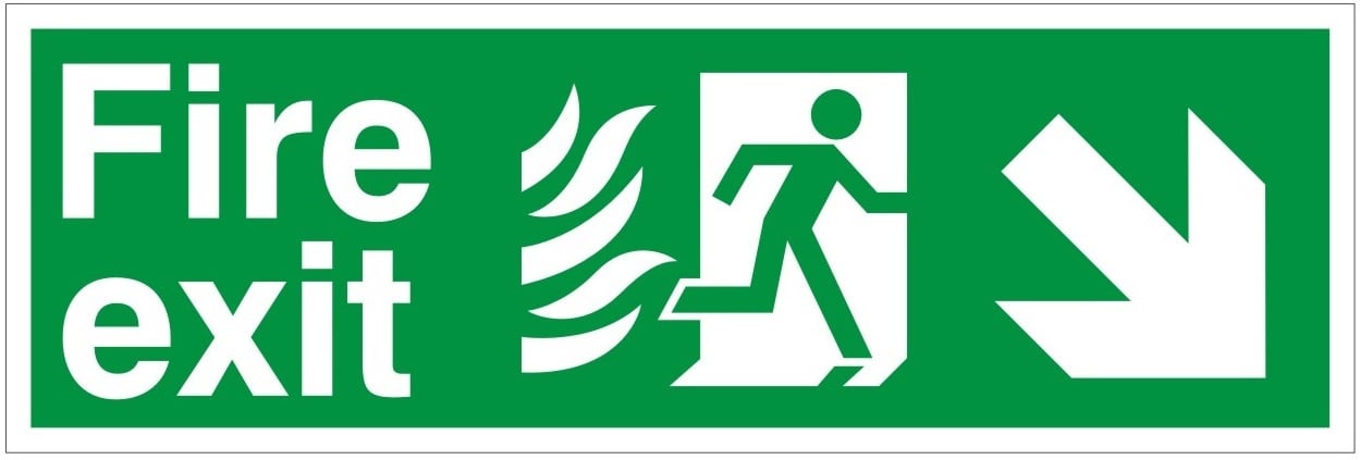 HTM65 Compliant Fire Exit Down / Right - 600 x 200mm White - JEM Systems UK