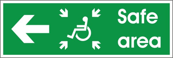 White Rigid PVC Refuge Safe Area Sign - Left 400mm Wide x 150mm High - JEM Systems UK