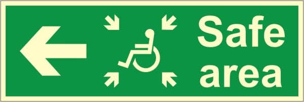 Luminous Rigid PVC Refuge Safe Area Sign - Left 400mm Wide x 150mm High - JEM Systems UK