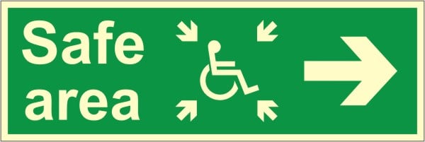 Luminous Rigid PVC Refuge Safe Area Sign - Right 400mm Wide x 150mm High - JEM Systems UK
