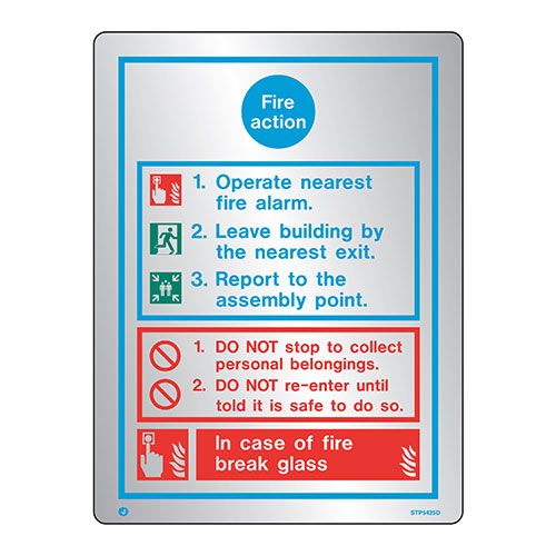 Firechief Sign General Fire Action Notice, Brushed Stainless Steel (STB5425D)