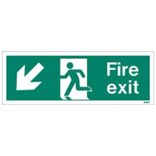 Firechief Sign FIRE EXIT DOWN LEFT White (W433T)
