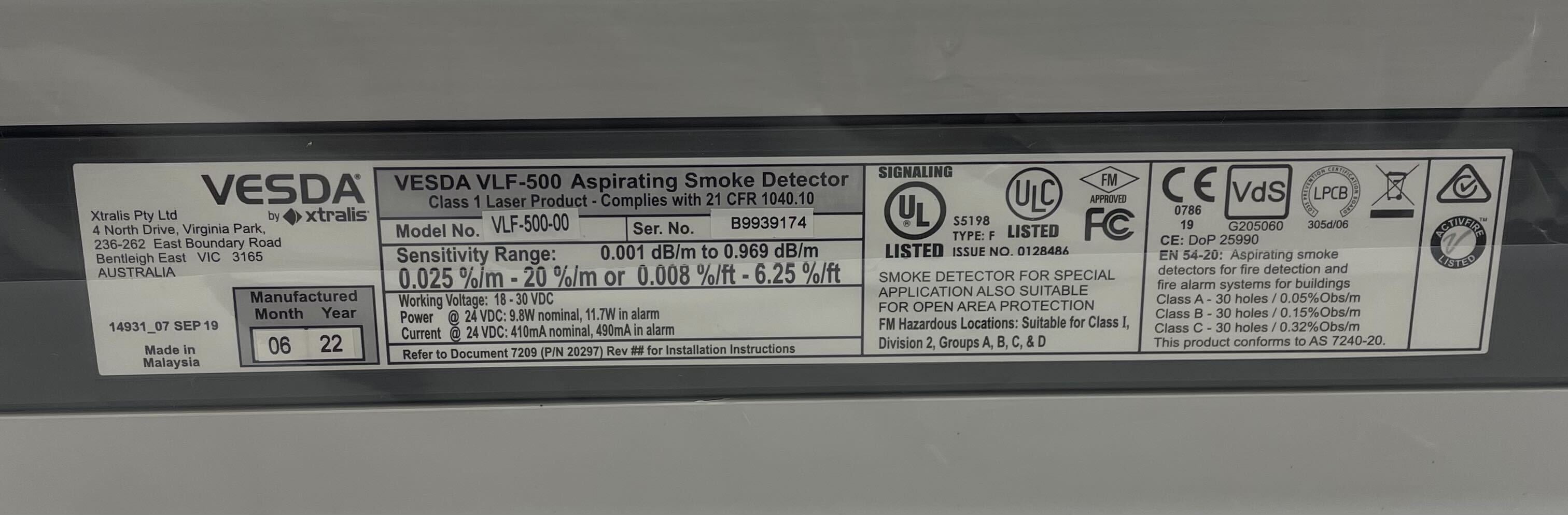 Vesda VLF-500-00 VLF European language set. English display labels