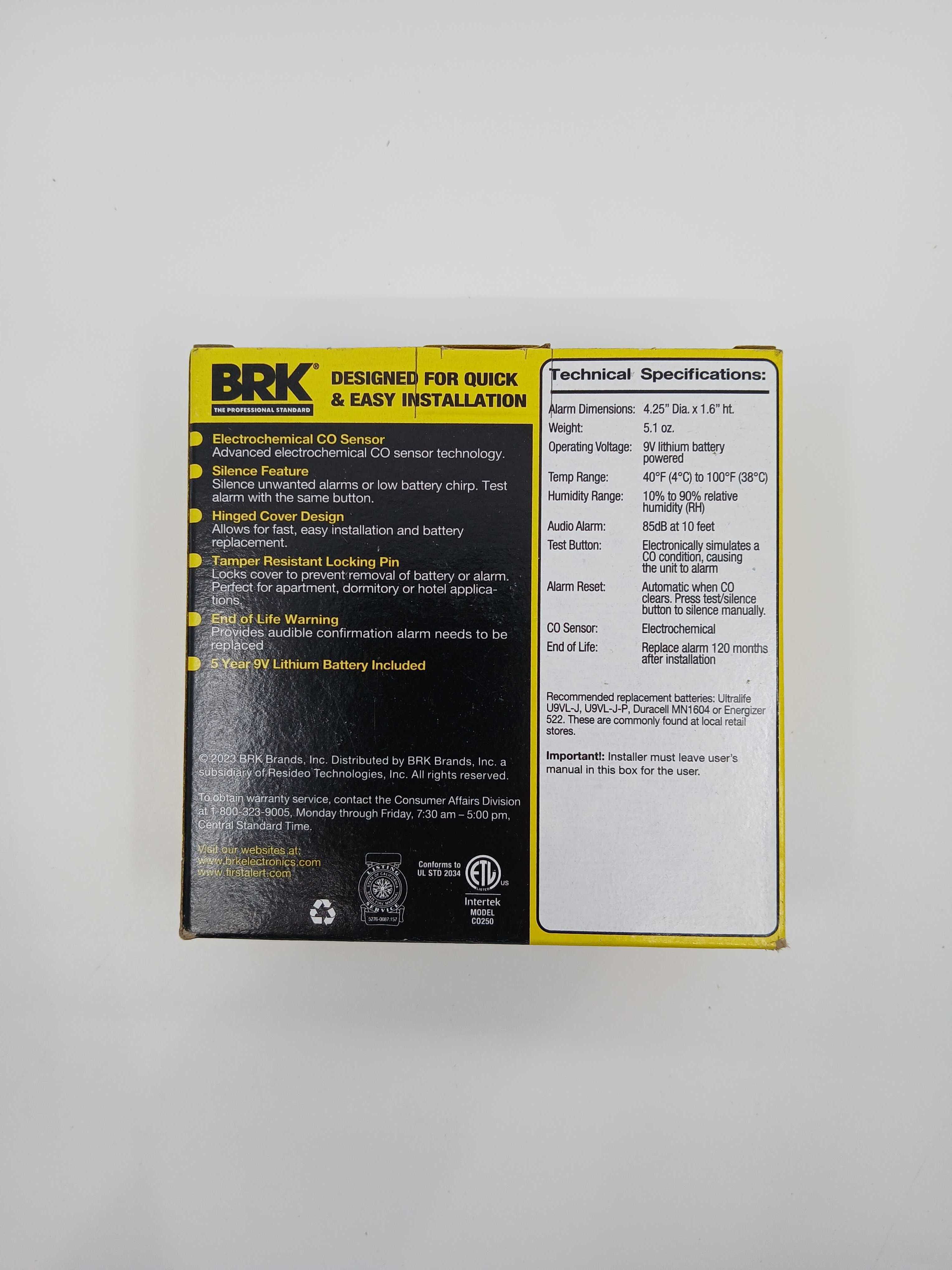 BRK CO250LB Battery CO Alarm Replaceable Battery Electrochemical 9V - JEM Systems UK