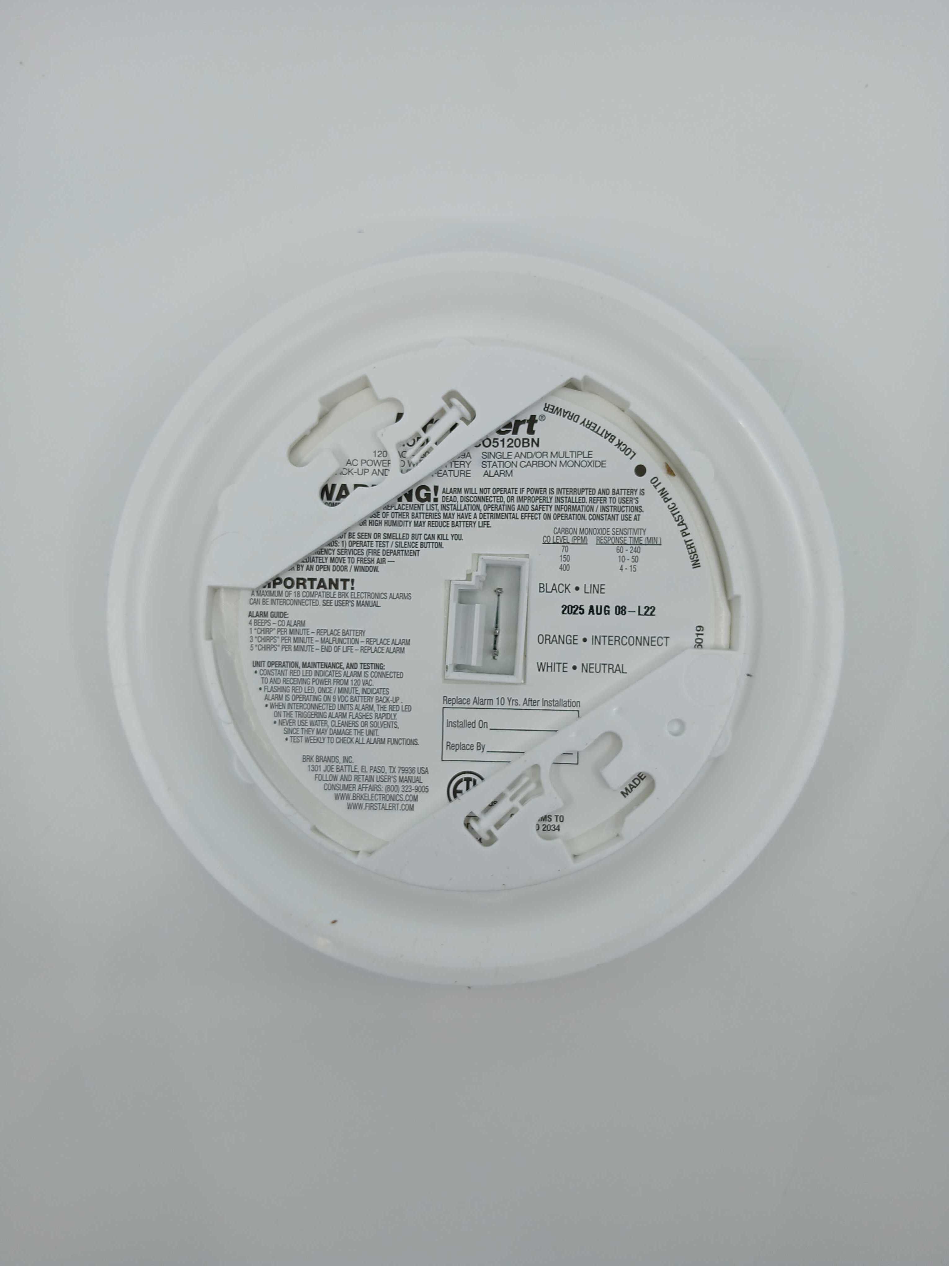 BRK CO5120BN Hardwired CO Alarm Replaceable Battery 9V Alkaline - JEM Systems UK