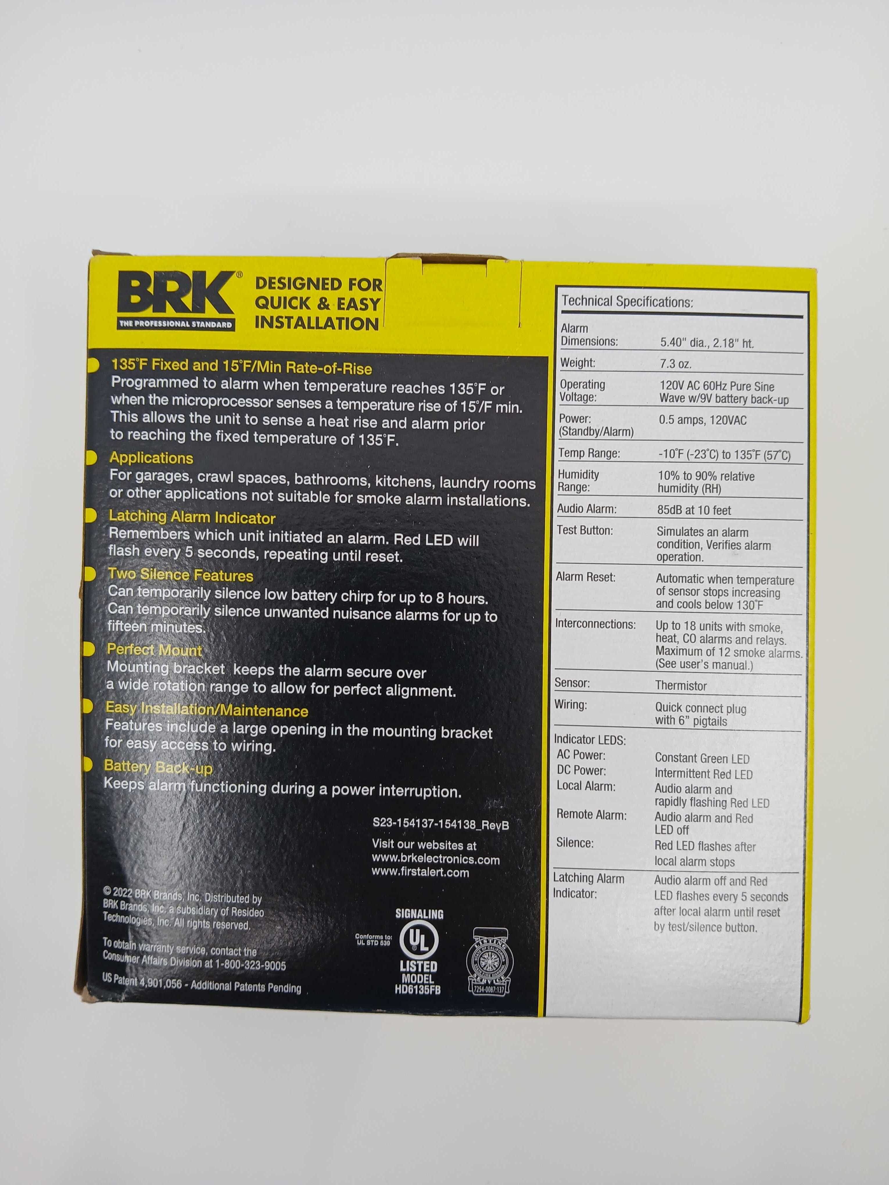 BRK HD6135FB Hardwired Heat Alarm Replaceable Battery Interconnect 9V - JEM Systems UK