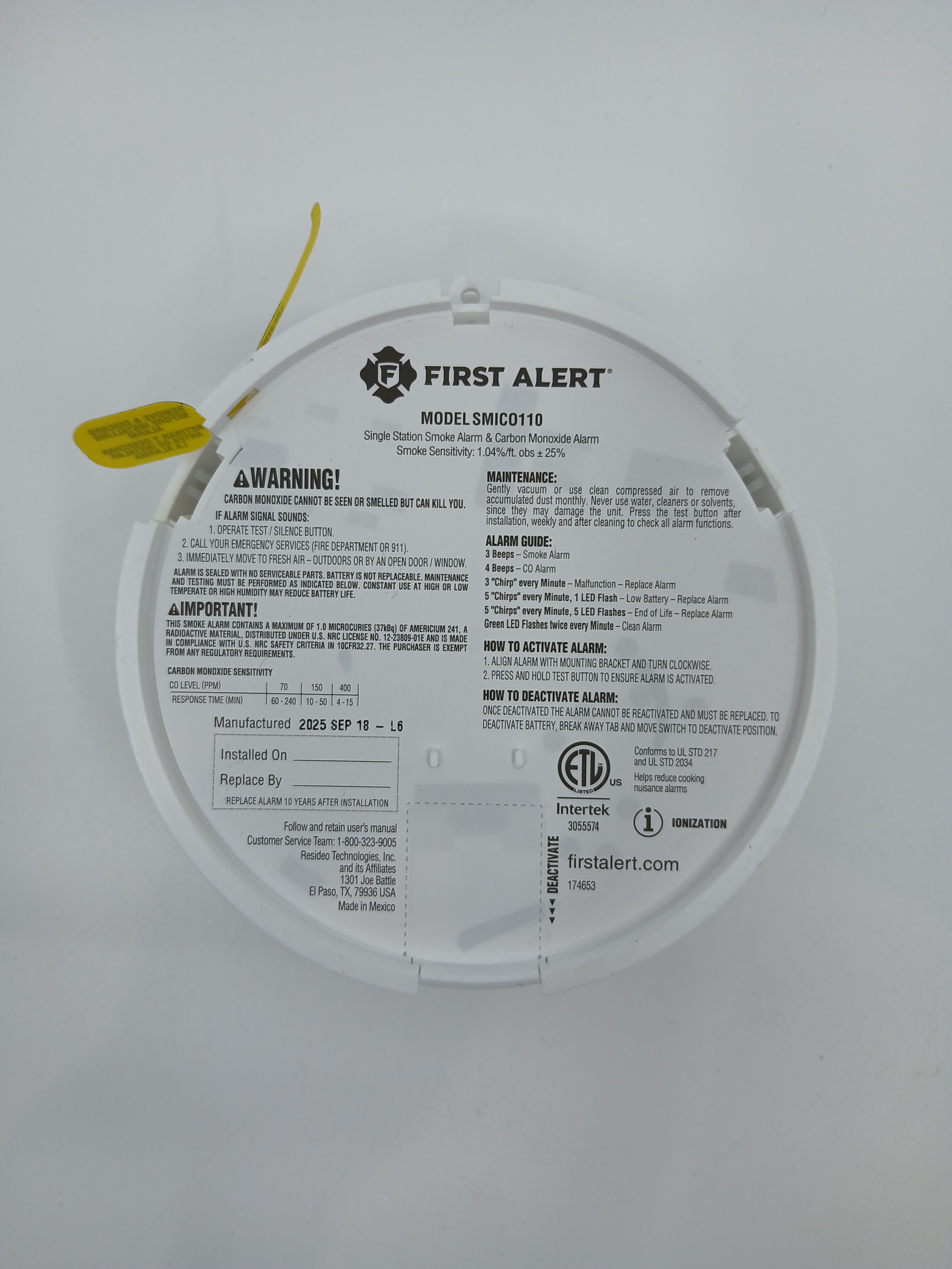 BRK SMICO110 Battery Powered Combo Smoke CO Alarm 10-Year Lithium Silence Ionization CO Sensor