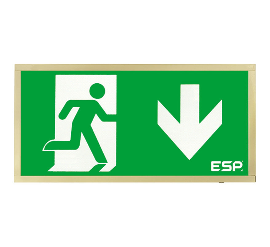 ESP Duceri 3W LED IP20 Emergency Exit Box - Lithium Battery - Brass - Down Arrow (D120DBR) - JEM Systems UK