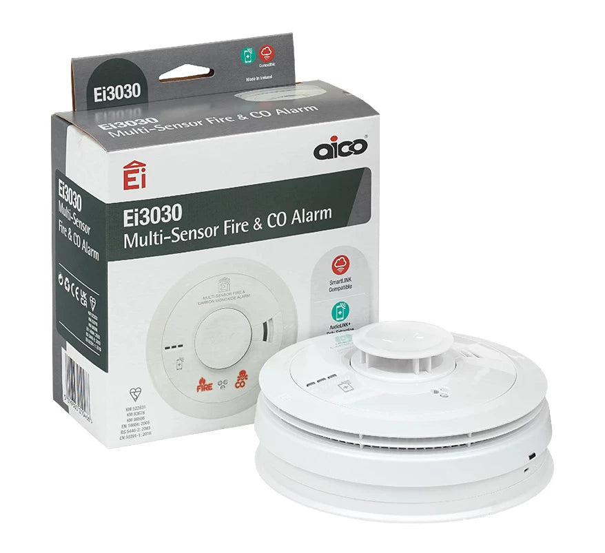 Aico Ei3030 Mains Powered Multi-Sensor Fire and Carbon Monoxide Alarm with Rechargeable Back-Up Battery - JEM Systems UK
