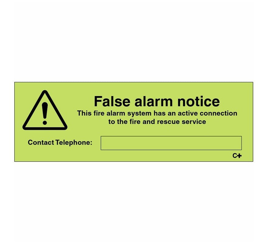 False Alarm Notice Label, Photoluminescent Self Adhesive Vinyl, 150mm x 50mm (CPPPFAN.01-SA) - JEM Systems UK