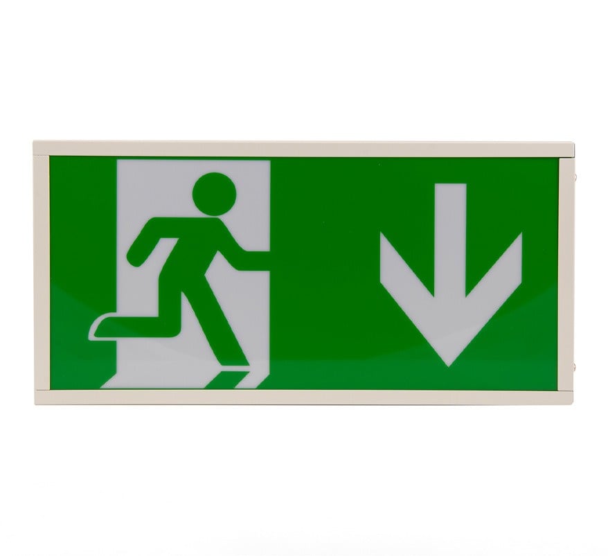 Hispec Rhine 2.5W Universal LED Emergency Exit Box with Self Test (Arrow Down) (HSEM/LEDEBD-ST) - JEM Systems UK