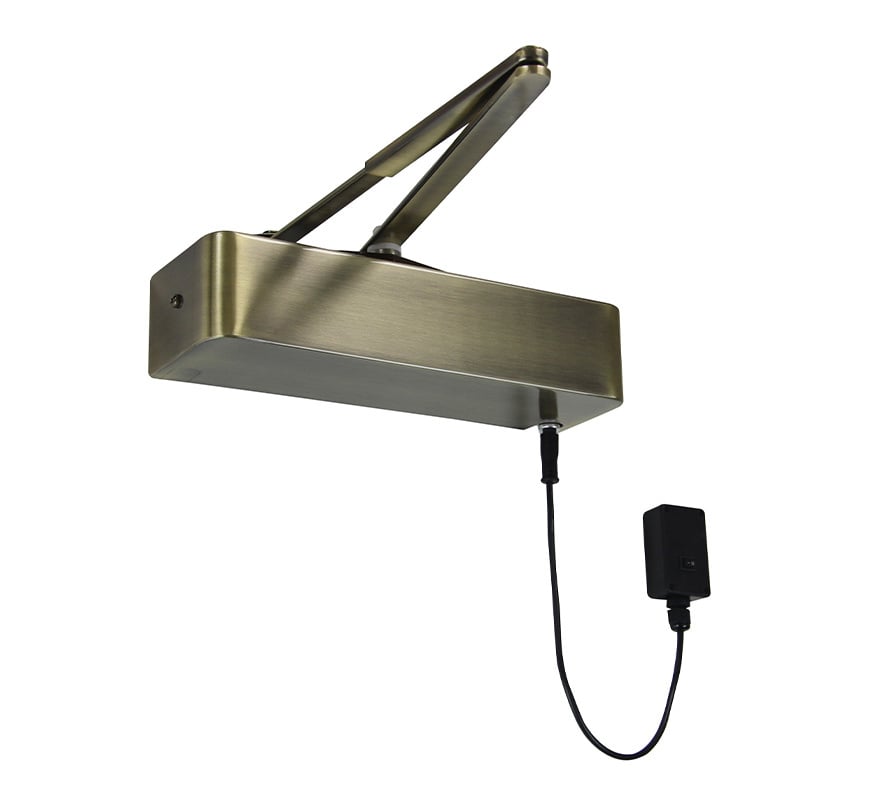 Rutland Responder 24 EN2-4 Scissor Arm Electromagnetic Door Closer - Antique Brass - JEM Systems UK