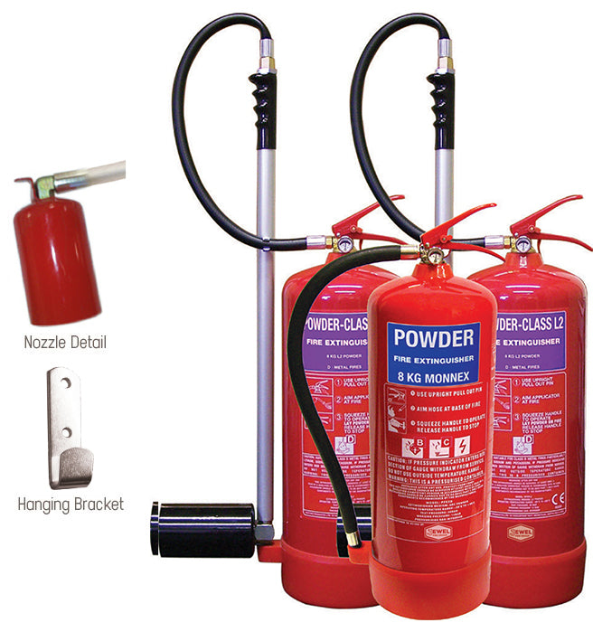 Jewel 8MNX 8kg Monnex Powder Fire Extinguisher (front, labelled 8 KG MONNEX) shown with the Jewel L2 Class D units