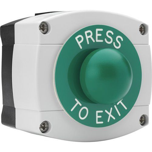 3E 3E0657-GB-GR Dome Exit Button, Momentary Contact, IP66 Surface Mount, GATE RELEASE Text, Green Button with Grey and Black Housing