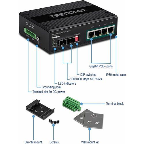TRENDnet TI-PG62B 6-Port Industrial Gigabit PoE+ Din-Rail Switch