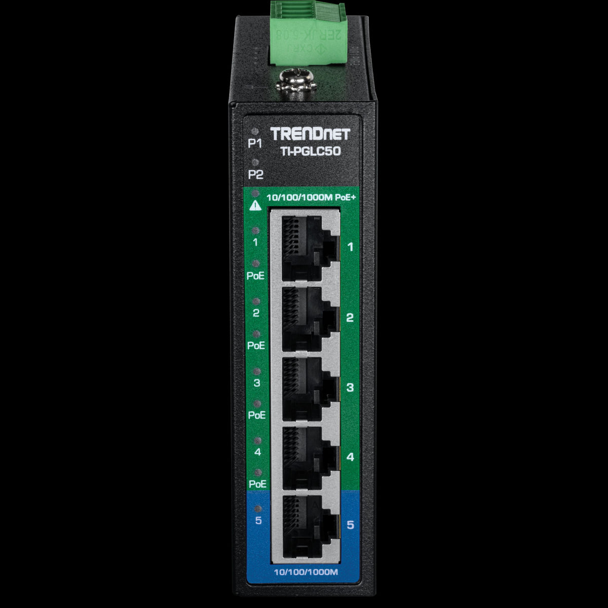 TRENDnet TI-PGLC50 5-Port Industrial Gigabit PoE+ DIN-Rail Mini Switch, 90W, IP30