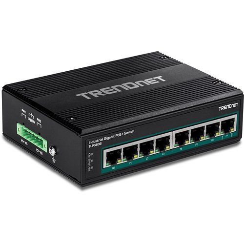 TRENDnet TI-PG80B 8-Port Hardened Industrial Unmanaged Gigabit 10/100/1000mbps Din-Rail Switch W/ 8 X Gigabit PoE  Ports; Ti-Pg80b; 24 ? 56v DC Power Inputs With Overload Protection