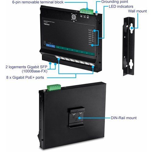 TRENDnet TI-PG102F 10-Port Industrial Gigabit PoE+ Wall-Mount Front Access Switch