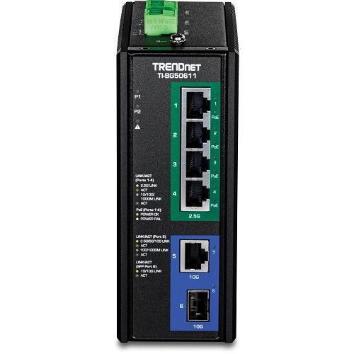 TRENDnet TI-BG50611 6-Port Industrial 2.5G PoE++ DIN-Rail Switch with 10G Ports