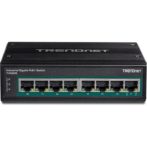 TRENDnet TI-PG80B 8-Port Hardened Industrial Unmanaged Gigabit 10/100/1000mbps Din-Rail Switch W/ 8 X Gigabit PoE  Ports; Ti-Pg80b; 24 ? 56v DC Power Inputs With Overload Protection