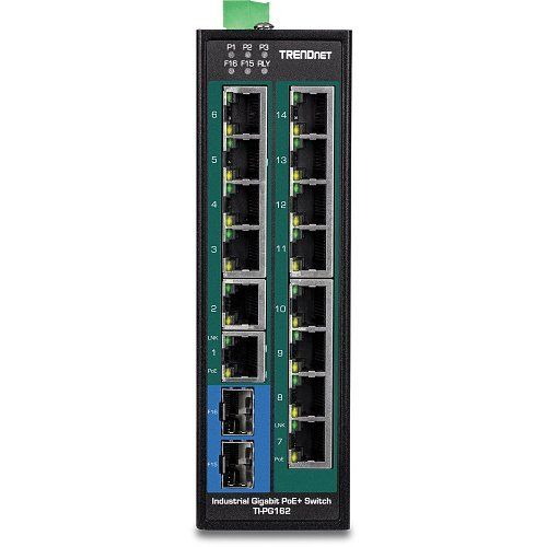 TRENDnet TI-PG162 16-Port Industrial Gigabit PoE+ DIN-Rail Switch