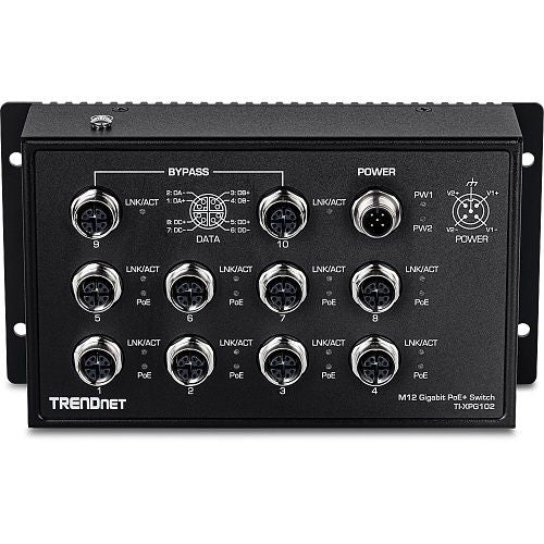 TRENDnet TI-XPG102 10-Port Industrial EN 50155 M12 Gigabit PoE+ Railway Switch