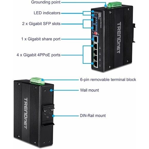TRENDnet TI-UPG62 6-Port Hardened Industrial Gigabit Ultra PoE DIN-Rail Switch