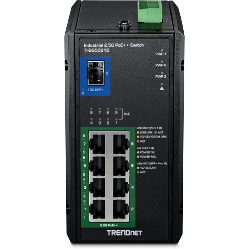 TRENDnet TI-BG5091B 9-Port Industrial 2.5G DIN-Rail PoE++ Switch with 10G SFP+ Port
