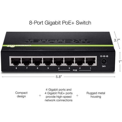 TRENDnet TPE-TG44G 8-Port Gigabit PoE+ Switch, 61.6W, (Replaces TPE-TG44ES, TPE-TG44g)
