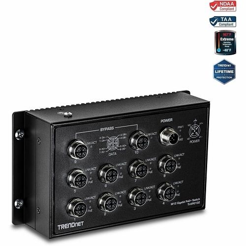 TRENDnet TI-XPG102 10-Port Industrial EN 50155 M12 Gigabit PoE+ Railway Switch