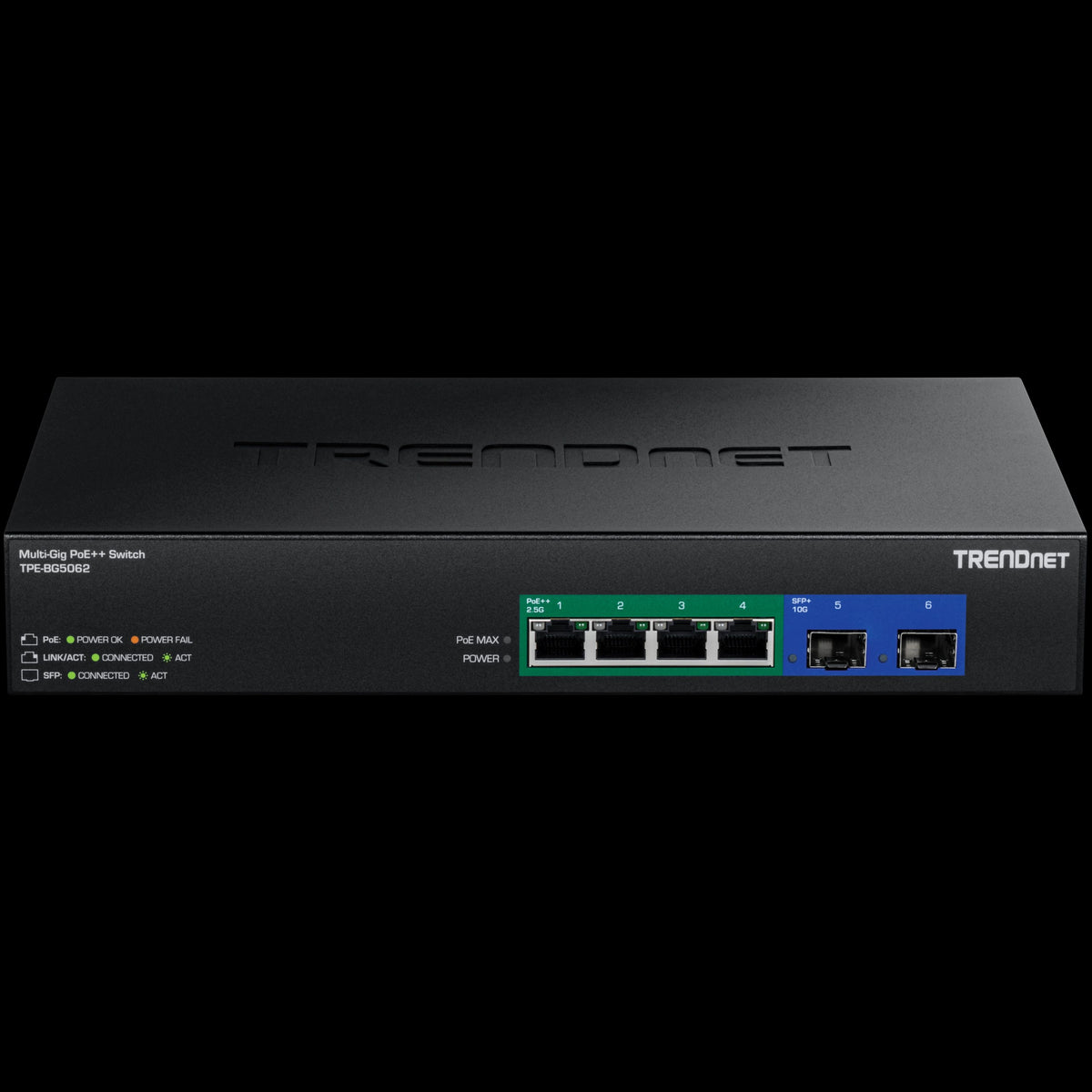 TRENDnet TPE-BG5062 6-Port 2.5G GaN Power PoE++ Switch with 10G SFP+ Ports, 240W, Rack Mountable, Fanless Design