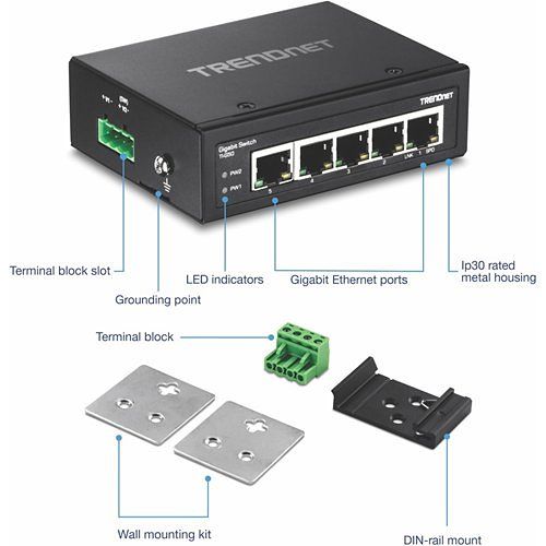 TRENDnet TI-G50 5-Port Hardened Industrial Gigabit DIN-Rail Switch, 10Gbps