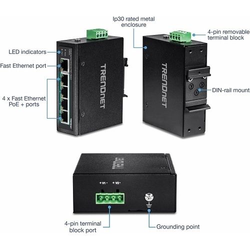 TRENDnet TI-PE50 5-Port Industrial Fast Ethernet Din-Rail Switch, 1Gbps