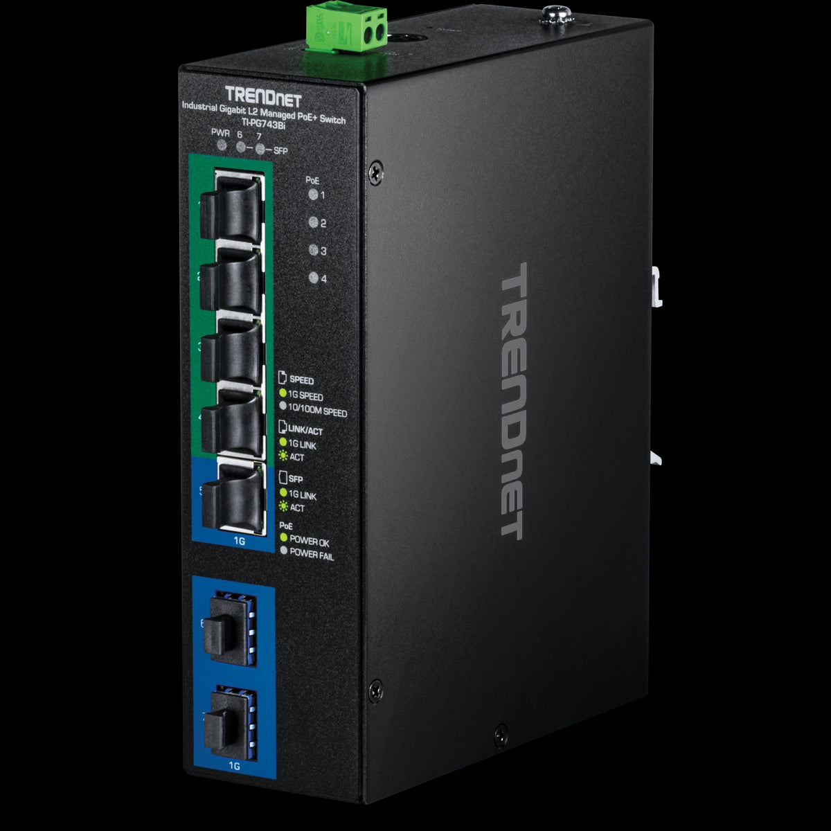 TRENDnet TI-PG743Bi 7-Port Industrial Gigabit L2 Managed PoE+ DIN-Rail Switch 24-57V, (4) Gigabit PoE+ Ports, (1) Gigabit Port, (2) SFP Ports, IP40, Metal Housing
