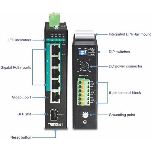 TRENDnet TI-PG541 5-Port Hardened Industrial Gigabit PoE+ DIN-Rail Switch