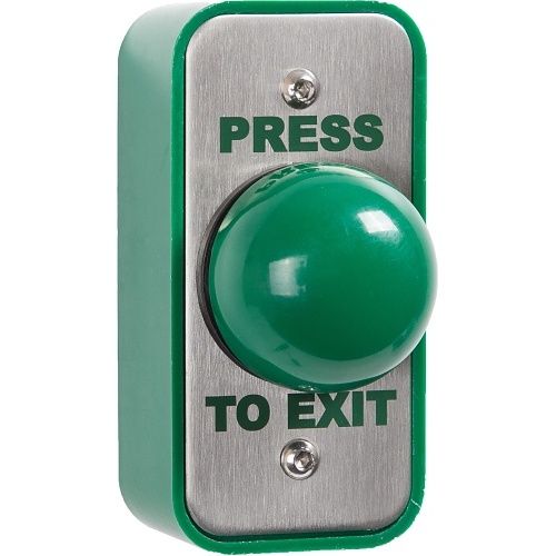 RGL EBGB-AP-PTE Press to Exit Button, Momentary Contact, Surface and Flush Mount, Stainless Steel, Green Dome, Narrow Style