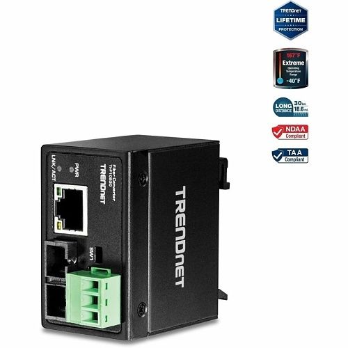 TRENDnet TI-F10S30 Hardened Industrial 100Base-FX Single-Mode SC Fiber Converter, 30km