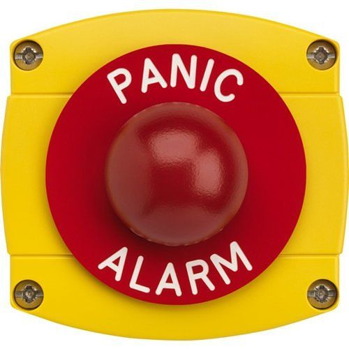 3E 3E0657R-YB-PCA Dome Push Button, Momentary Contact, IP66 Surface Mount,  PANIC ALARM Text, Red with Yellow and Black Housing