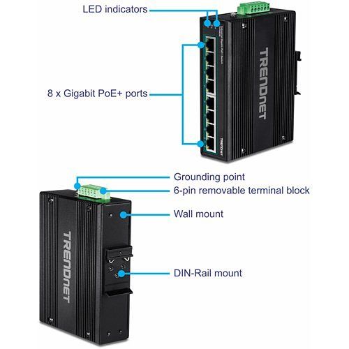 TRENDnet TI-PG80B 8-Port Hardened Industrial Unmanaged Gigabit 10/100/1000mbps Din-Rail Switch W/ 8 X Gigabit PoE  Ports; Ti-Pg80b; 24 ? 56v DC Power Inputs With Overload Protection