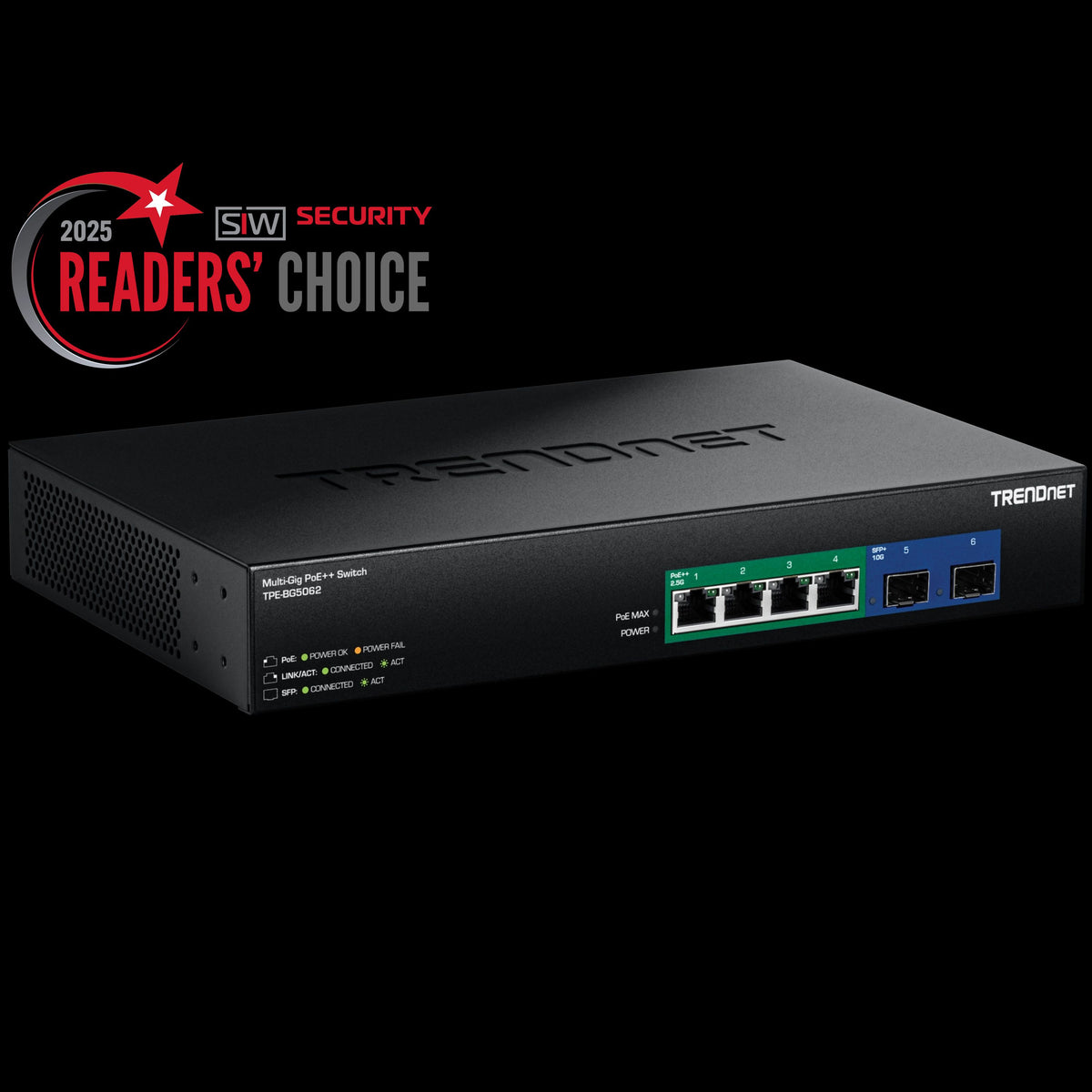 TRENDnet TPE-BG5062 6-Port 2.5G GaN Power PoE++ Switch with 10G SFP+ Ports, 240W, Rack Mountable, Fanless Design